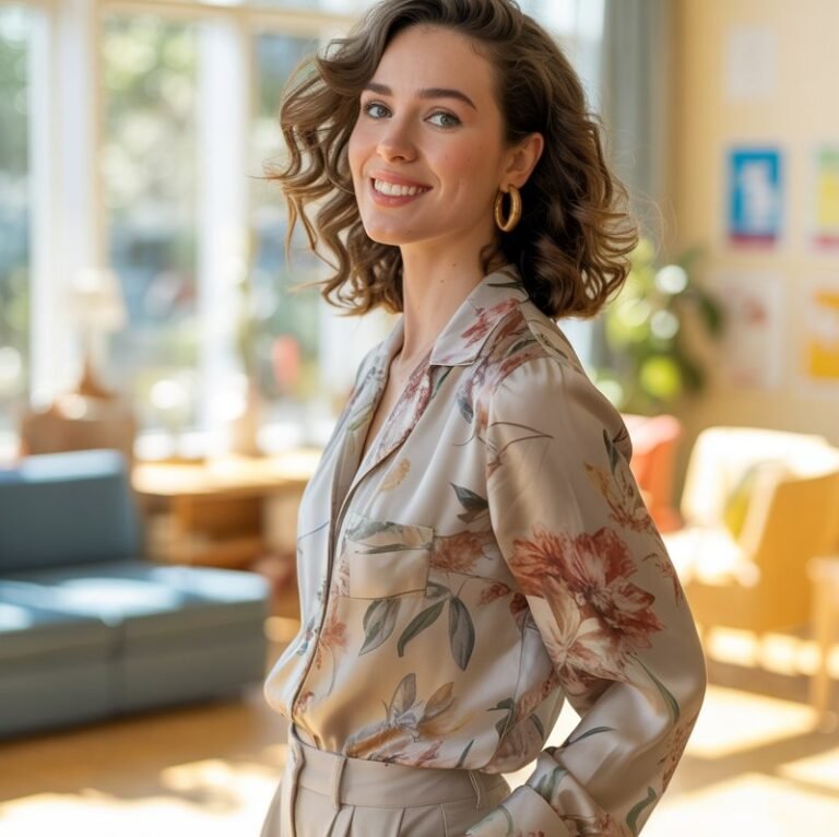 Full-body image of a brunette model with loose curls, wearing a floral silk blouse tucked into high-waisted beige trousers. Shot in a bright teacher’s lounge with sunlight filtering through large windows. Accessories include gold hoop earrings and ballet flats. Pose standing slightly sideways with one hand in her pocket and a confident smile.
