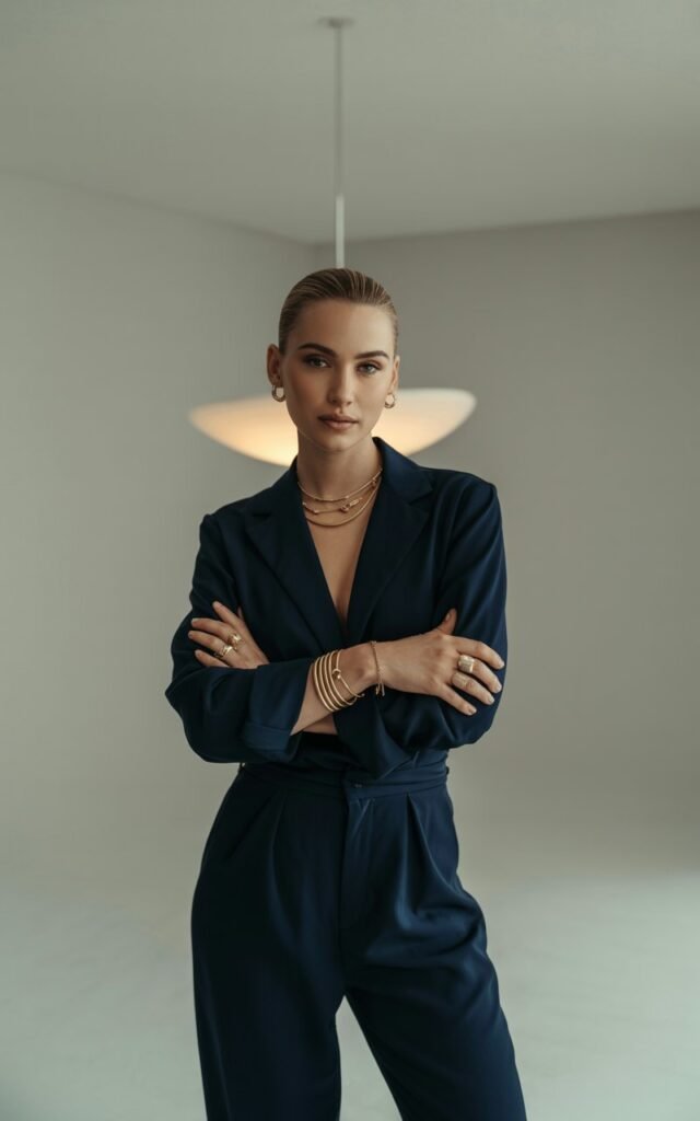Full-body image of a confident woman with sharp cheekbones and slicked-back hair, wearing a navy structured jumpsuit cinched at the waist, accessorized with layered gold jewelry. She’s standing in a minimalist indoor studio with soft white lighting. Arms crossed, subtle smirk — modern, strong, elegant.