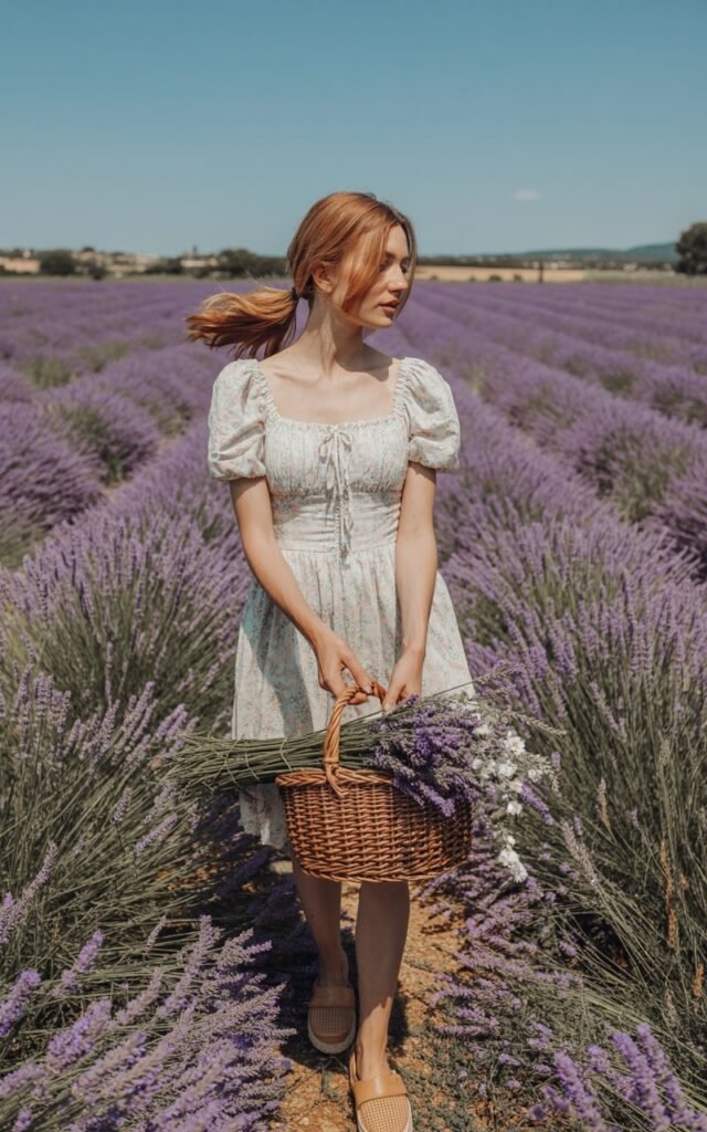 Full-body image of a fair-skinned model with honey-blonde hair in a low ponytail wearing a floral puff-sleeve sundress and tan espadrilles. She’s walking through a lavender field in Provence under warm daylight. Soft wind moves her hair, and she carries a woven basket filled with flowers. Her expression is serene and content.