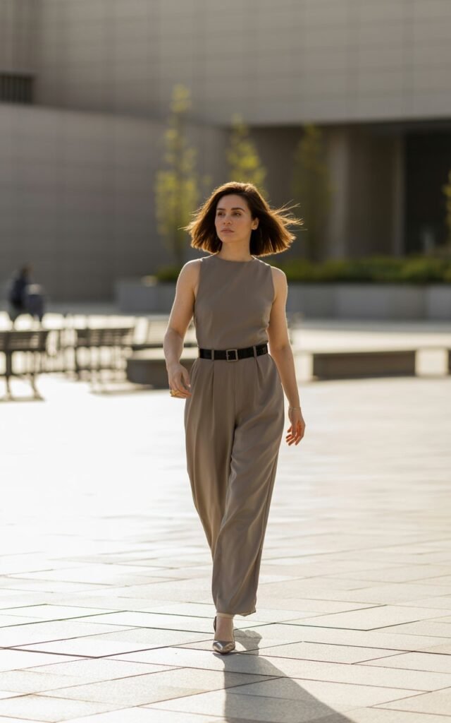 Full-body image of a fit woman with shoulder-length brunette hair, wearing a taupe minimalist jumpsuit with a belt and neutral heels. She’s walking across a modern plaza under bright natural daylight. Wind moves gently through her hair, expression focused yet serene. Clean lines, minimalist composition.