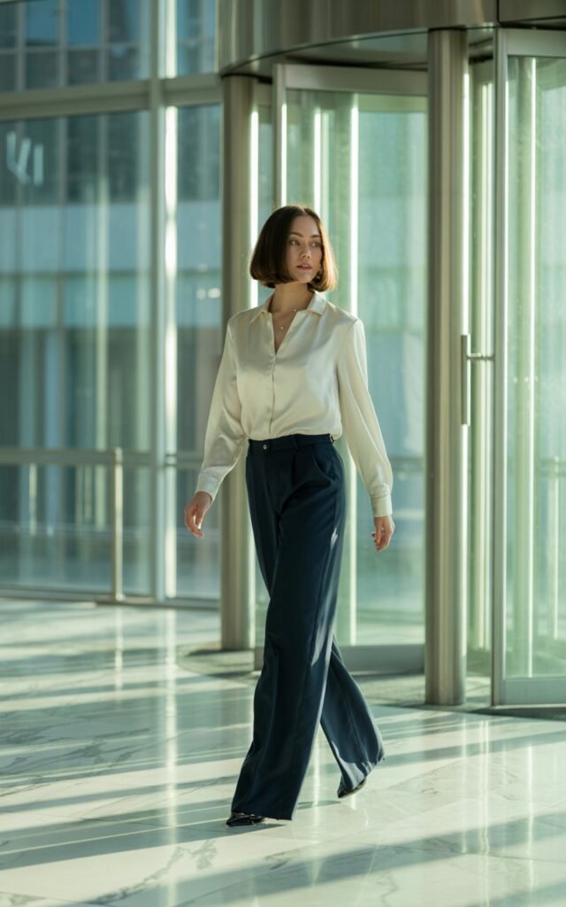Full-body image of a white-skinned woman with a polished bob hairstyle, dressed in an ivory silk blouse tucked into high-waisted navy wide-leg trousers. She’s walking through a sleek office lobby with glass walls. Natural daylight filters in, reflecting off marble floors. She’s mid-step, smiling slightly as if leaving an important meeting.