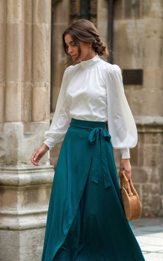 Full-body image of a woman walking near a historic stone building. She wears an ivory high-neck blouse with balloon sleeves tucked into a deep green wrap maxi skirt. Her brown hair is styled in a loose chignon, and she carries a woven bag. Natural daylight captures movement in her skirt for a graceful touch.
