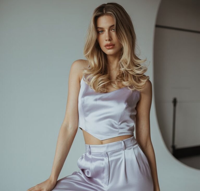Full-body image of a woman with long blonde waves, wearing a pale lavender satin co-ord set and strappy nude heels. She’s posing in a modern white studio with diffused daylight. Subtle shadows accentuate the shine of the satin. She’s standing with one leg crossed slightly, confident, modern, and chic.