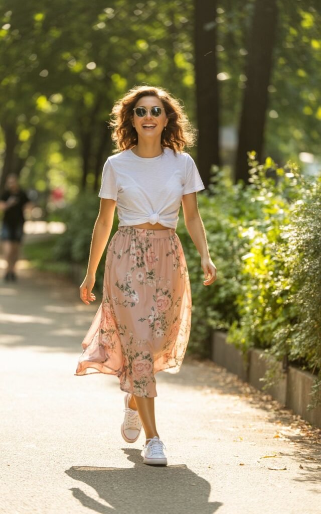 Full-body image on a sunlit park path surrounded by greenery. The model wears a white knotted tee and a pink floral midi skirt that flutters in the breeze, paired with white sneakers and cat-eye sunglasses. Her hair is down in loose curls, and she’s mid-step, smiling candidly. Warm, fresh, natural lighting enhances the playful tone.