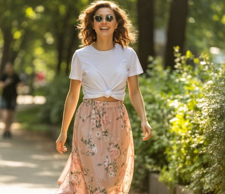 Full-body image on a sunlit park path surrounded by greenery. The model wears a white knotted tee and a pink floral midi skirt that flutters in the breeze, paired with white sneakers and cat-eye sunglasses. Her hair is down in loose curls, and she’s mid-step, smiling candidly. Warm, fresh, natural lighting enhances the playful tone.
