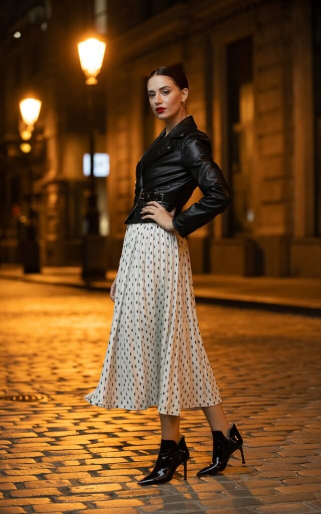 Full-body night scene under soft city lights. The model stands on a cobblestone street wearing a black leather jacket over a white polka-dot midi skirt, with heeled ankle boots and red lipstick. Her hair is slicked back, and she poses confidently with one hand on her hip. The reflections of streetlights on the pavement add cinematic contrast.