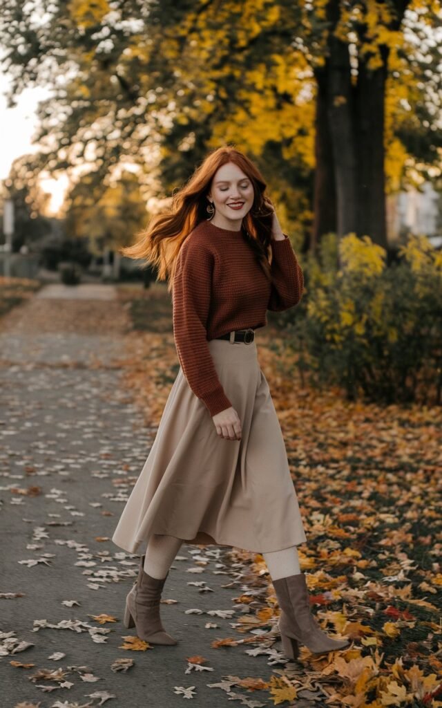 Full-body outdoor shot of a white-skinned redhead wearing a pleated beige midi skirt, rust sweater, and heeled boots. She’s walking along a park path covered in fallen leaves during golden hour. Hair flows naturally in the breeze, face glowing with a warm smile.