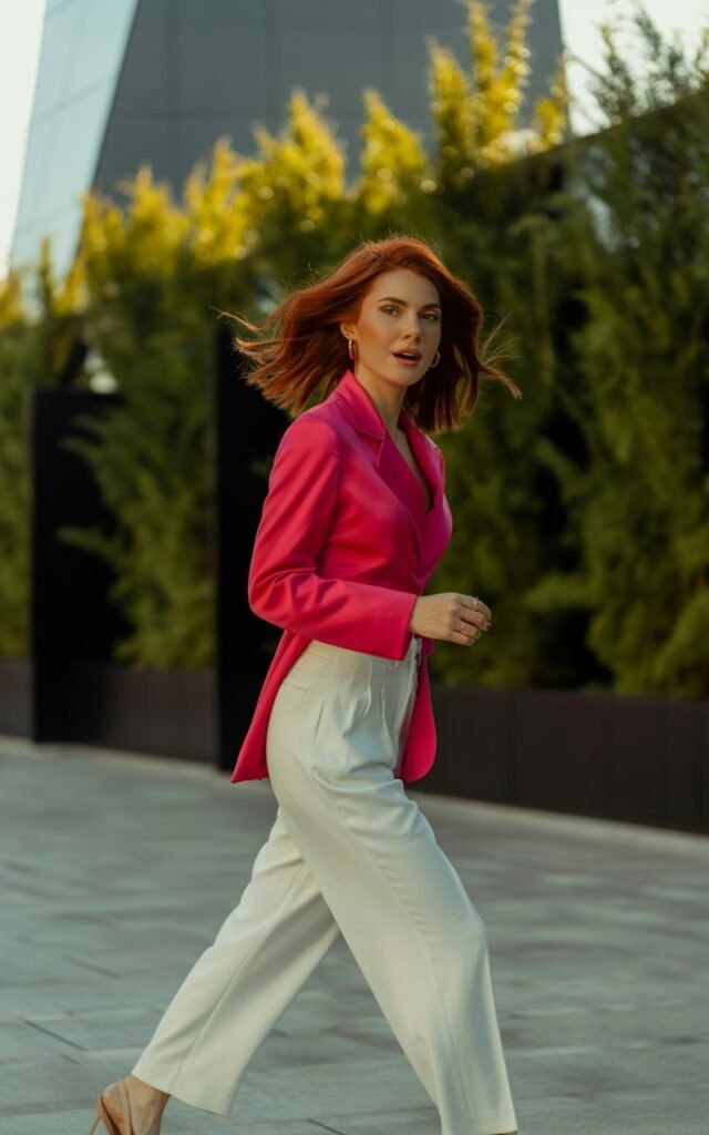 Full-body outdoor shot of a woman with copper-red hair and sharp features. She wears a bright pink blazer, white trousers, and nude heels. The background shows modern architecture and greenery. Late afternoon sunlight casts a golden glow as she walks, smiling confidently.