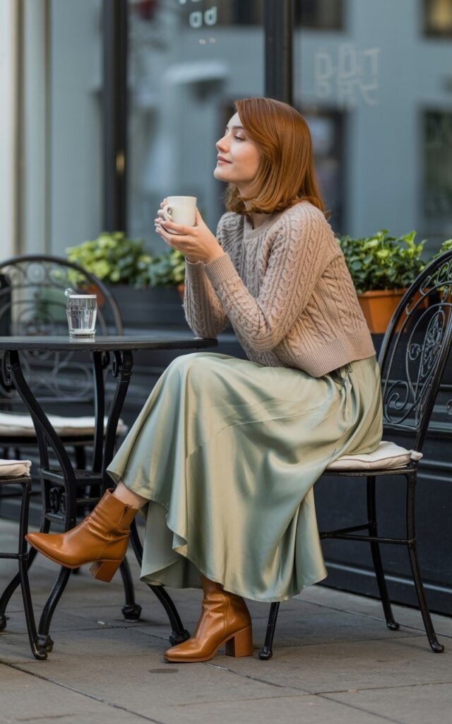 Full-body photo at an outdoor café terrace on a cool morning. The model wears a soft beige knit sweater tucked into a sage satin midi skirt, with ankle boots and a coffee cup in hand. Her auburn hair is styled in soft waves, and she’s sitting cross-legged, looking content. Soft overcast daylight creates a cozy, refined mood.