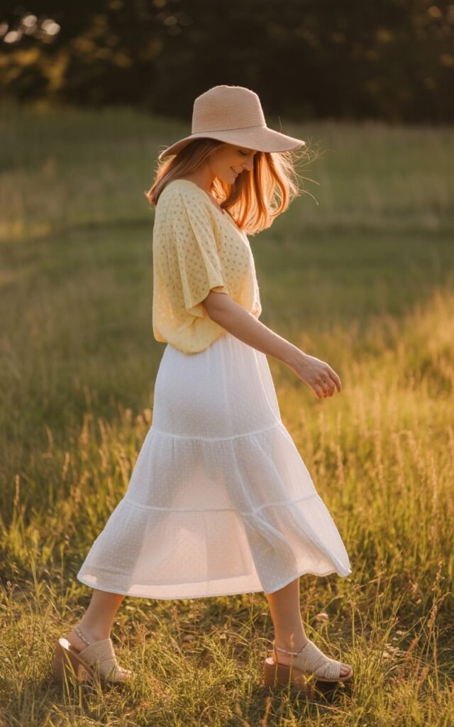 Full-body photo in a countryside field during golden hour. The model wears a white tiered midi skirt and a pale yellow lightweight knit top, paired with straw sandals and a floppy hat. Her hair catches the sunlight as she walks barefoot through tall grass. Dreamy, romantic, and softly backlit.