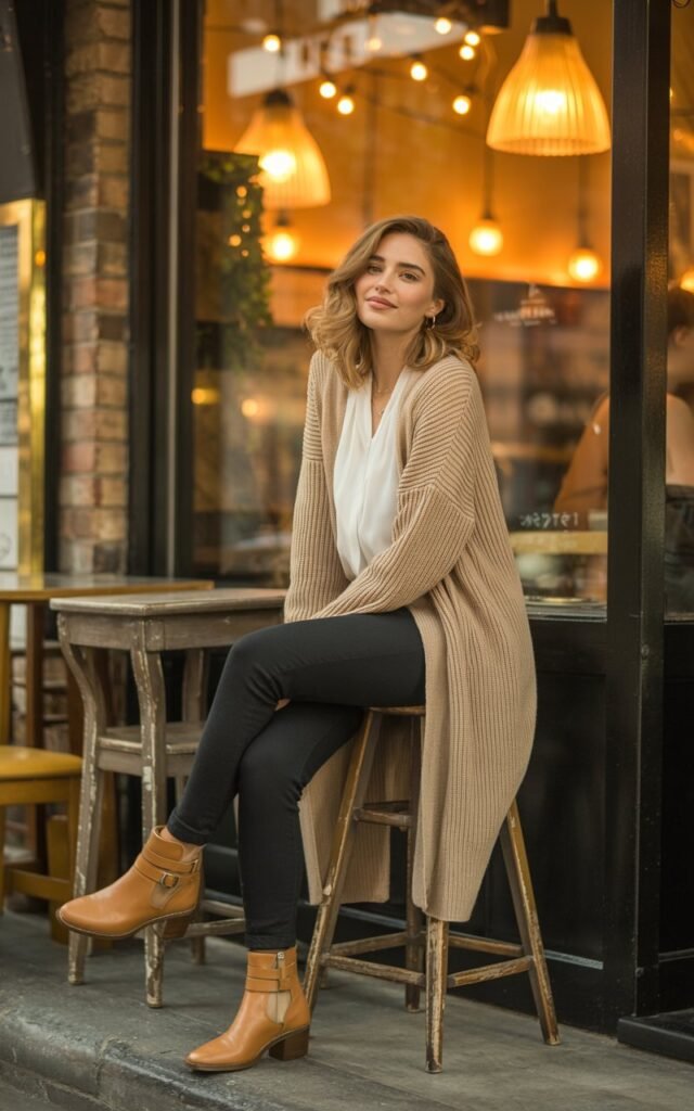 Full-body photo in a cozy café corner with warm indoor lighting. The model wears a long oatmeal cardigan over a white top and slim black pants, paired with tan ankle boots. Hair in soft waves, subtle nude lipstick. Pose seated casually on a stool, one arm resting on the counter, relaxed expression.