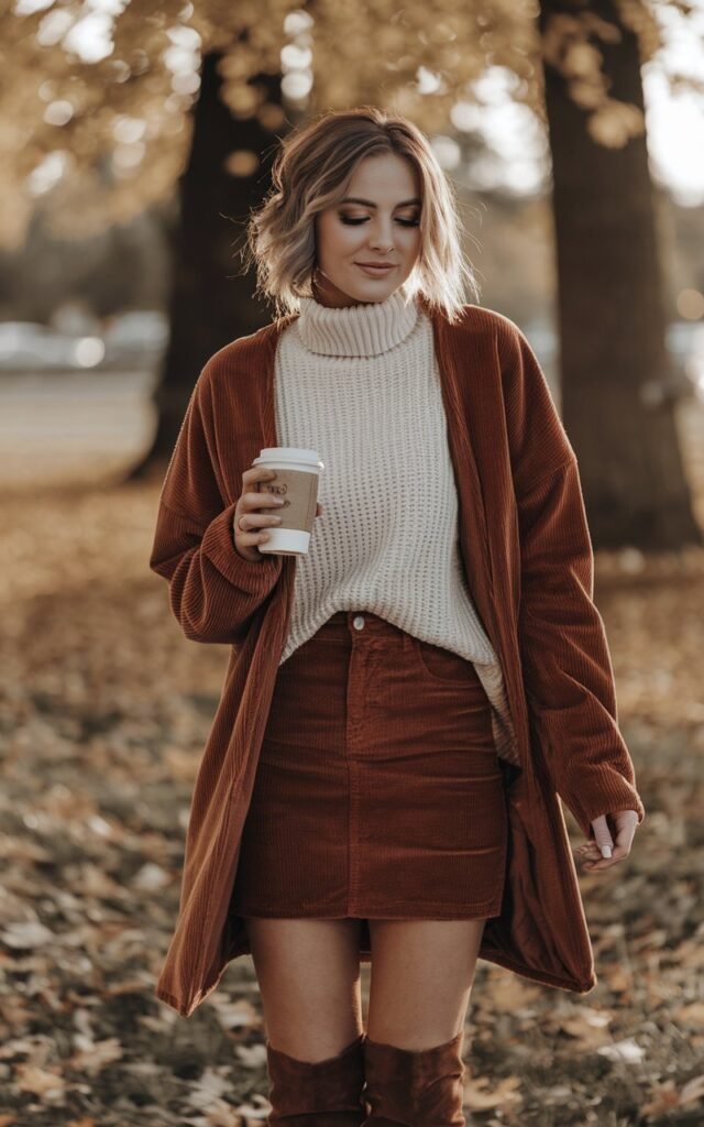 Full-body photo in a fall park with golden leaves around. The model wears a rust-colored corduroy mini skirt, cream turtleneck sweater, and knee-high boots. Her hair is in soft waves, and she’s holding a coffee cup, smiling gently in golden hour light.