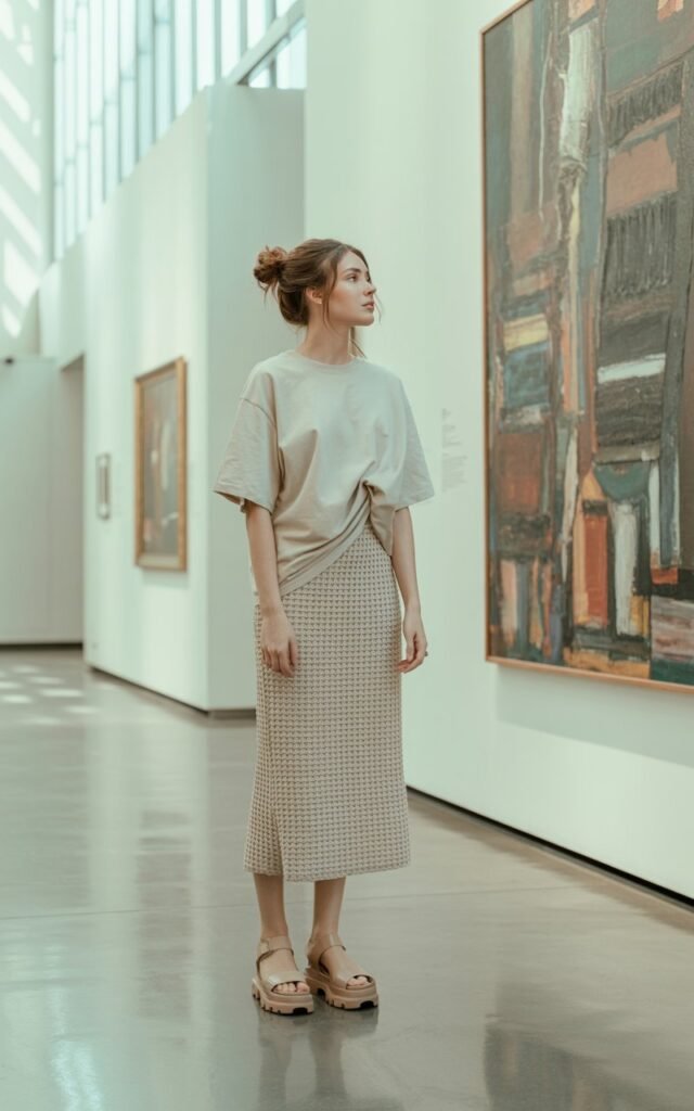 Full-body photo in a modern art museum with soft indoor daylight. The model wears a beige knit midi skirt and a boxy oversized white tee tucked slightly at the front, paired with platform sandals. Her hair is in a loose bun, and she’s glancing at artwork with a relaxed expression. Clean lines, artistic atmosphere, editorial composition.