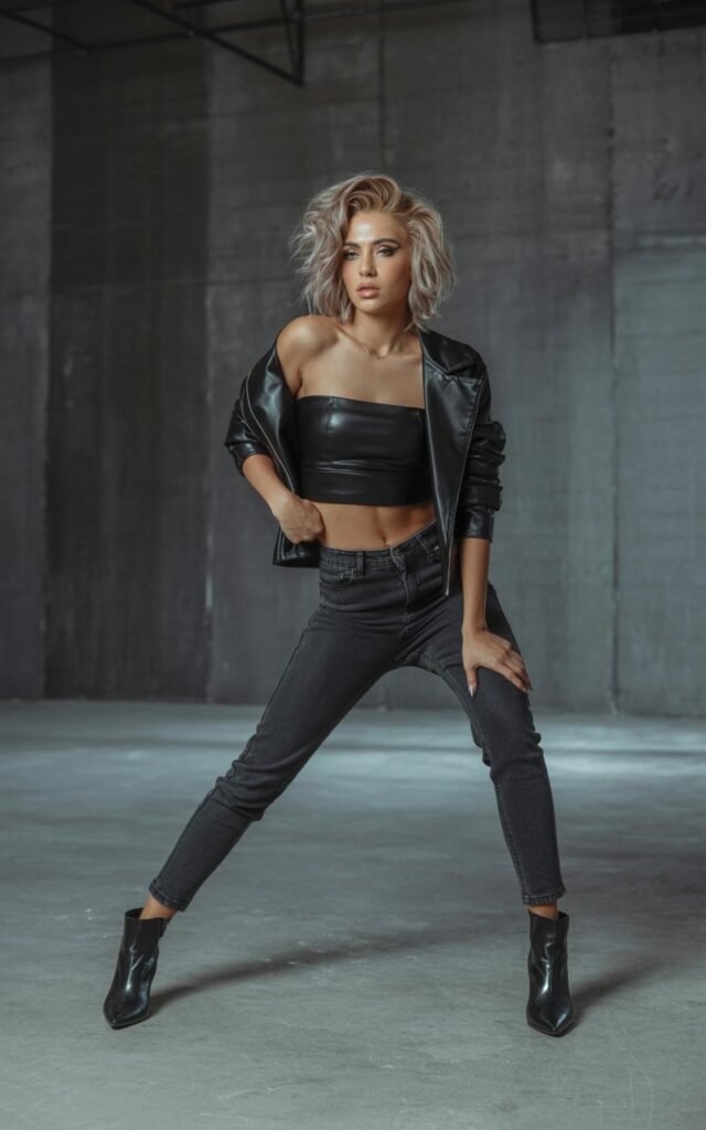 Full-body photo in a moody indoor setting with studio lights and concrete walls. The model wears a black tube top, cropped leather jacket, and skinny jeans with pointed boots. Her blonde hair is tousled, makeup bold with winged liner. She stands with one leg bent, chin lifted — fierce, edgy, confident.
