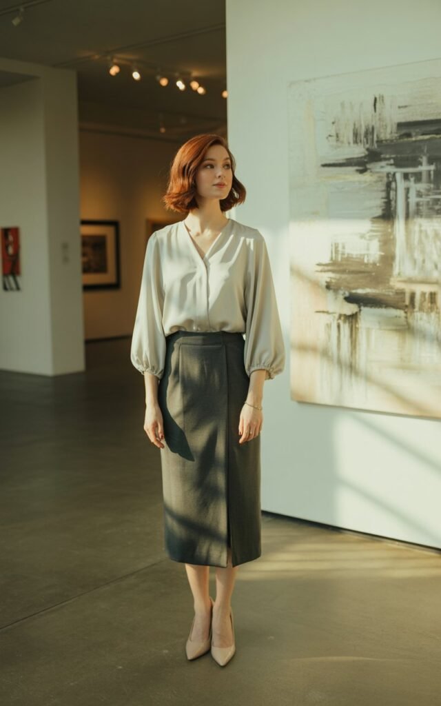 Full-body photo in an art gallery setting. The woman wears a pale sage balloon-sleeve blouse tucked into a fitted midi pencil skirt with neutral heels. Her auburn hair is styled in a sleek bob, and she gazes at a painting with a soft smile. The lighting is warm and directional, highlighting fabric details.