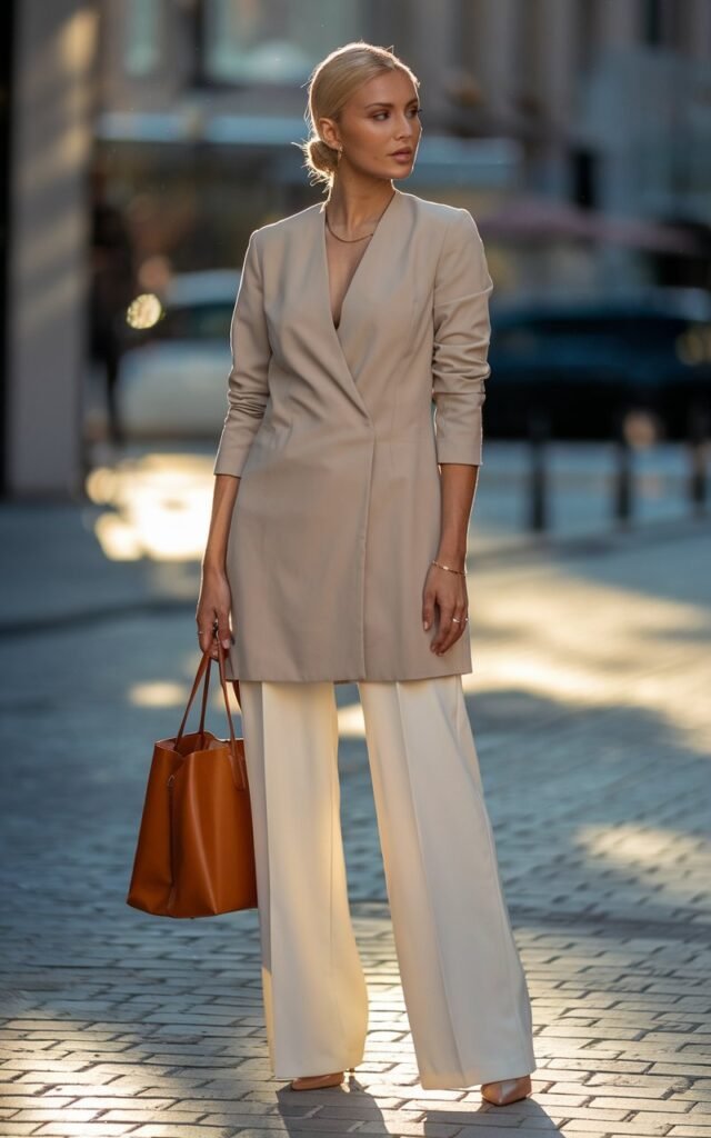 Full-body photo of a chic woman standing on a cobblestone city street during golden hour, wearing a beige longline blazer over white wide-leg trousers and nude heels. She carries a structured leather tote and wears minimal gold jewelry. Her blonde hair is tied in a sleek low bun, and she looks confidently to the side. Natural sunlight highlights soft shadows and warm tones.