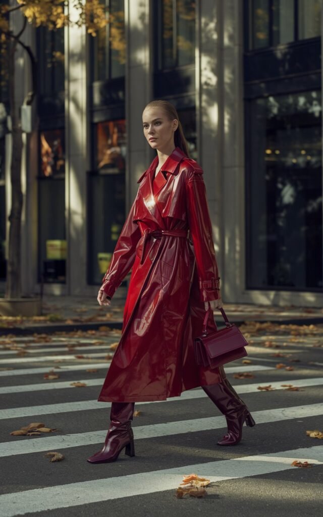 Full-body photo of a confident white-skinned female model with sleek brunette hair, wearing a cherry red trench coat, matching glossy boots, and a structured handbag. She walks across a sunlit city crosswalk with autumn leaves on the pavement. Natural daylight with soft reflections off nearby windows. Expression bold and self-assured.