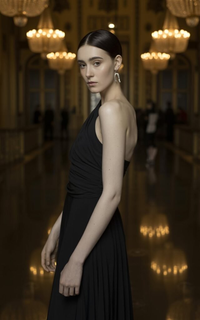 Full-body photo of a model with sleek black hair and porcelain skin, wearing a floor-length black one-shoulder evening gown and subtle silver earrings. She’s standing in a dimly lit ballroom with chandeliers. Soft golden lighting reflects off her dress. Poised stance, serene expression, timeless elegance.