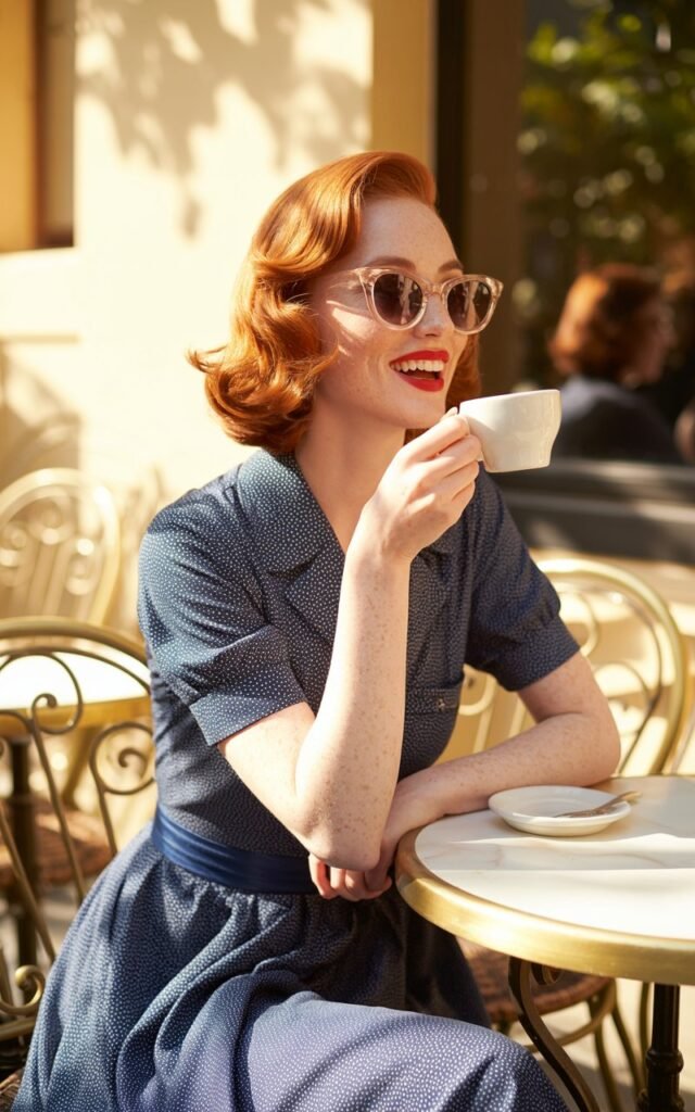 Full-body photo of a red-haired model wearing a navy polka-dot midi dress with a cinched waist. She’s sitting at an outdoor café table with red lipstick and cat-eye sunglasses. Sunlight glows on her skin, evoking vintage charm. She’s playfully holding a coffee cup and smiling to the side.