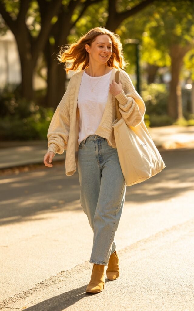 Full-body photo of a white female model with loose waves, smiling softly, walking through a sunlit suburban street. She wears a cream oversized cardigan over a white tee, light-wash jeans, and tan ankle boots. Natural daylight with golden tones, tote bag on shoulder, casual-chic vibe, candid stride.