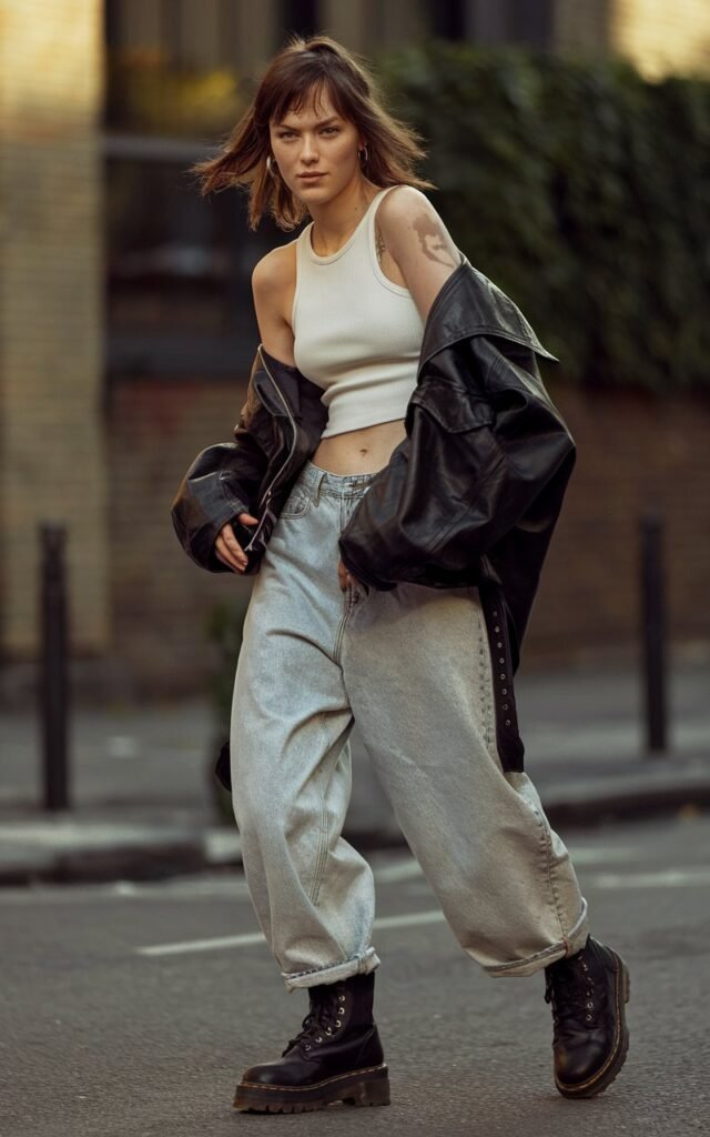 Full-body photo of a white-skinned female model with sharp features and tousled brunette hair, standing on a city street. She wears an oversized black leather jacket over a cropped white tank and baggy light-wash jeans with chunky black boots. Golden hour light hits the scene, highlighting her confident, slightly smirking expression. Realistic skin texture and natural shadows; candid “caught mid-step” pose.