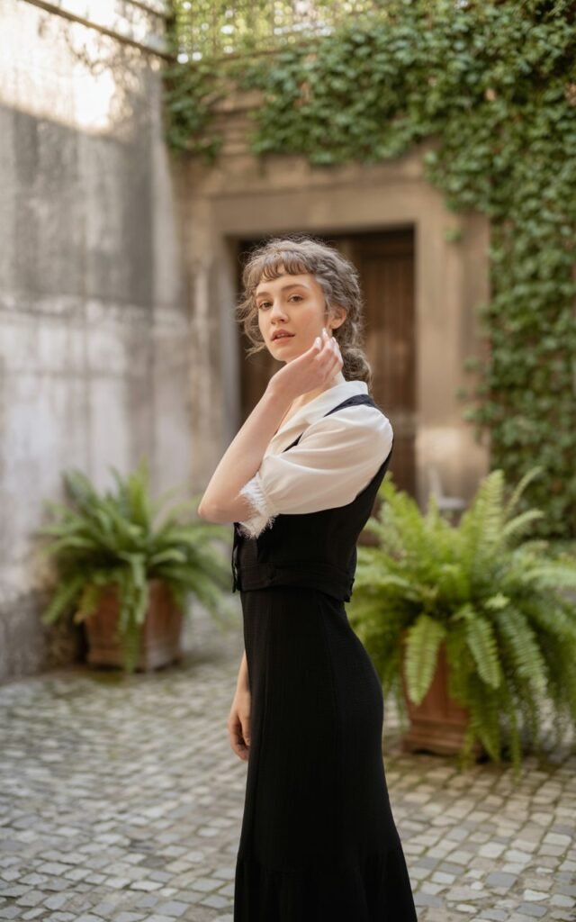 Full-body photo of a white-skinned model with delicate features and soft curls, wearing a fitted black midi dress layered over a white lace blouse. She’s standing in a cobblestone courtyard surrounded by ivy walls. Natural daylight adds a romantic glow. Her expression is serene, with one hand brushing her hair away.