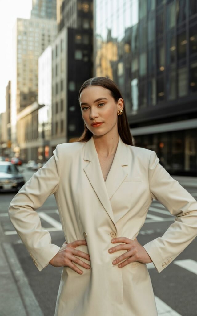 Full-body photo of a white-skinned woman with sharp features and sleek hair, wearing a cream tailored blazer dress with gold statement heels. She stands confidently on a modern city sidewalk with glass buildings behind her during golden hour. Natural sunlight casts soft highlights on her structured outfit. Hands on hips, slight smile, projecting power and poise.