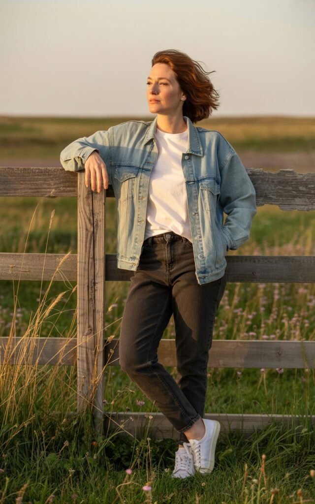 Full-body photo of a woman in a light denim jacket over a white tee, dark jeans, and sneakers. She leans casually against a rustic wooden fence in a sunlit field. Golden-hour light adds warmth and glow. Her tousled hair frames her face naturally as she looks candidly to the side.