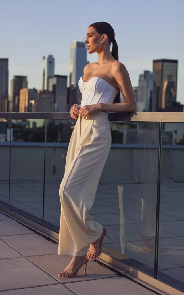 Full-body rooftop shot during golden hour. White-skinned woman with sleek ponytail wears a white corset top, cream wide-leg trousers, and strappy nude heels. Minimal jewelry. She leans on a glass railing, gazing at the skyline — confident, feminine, and poised.