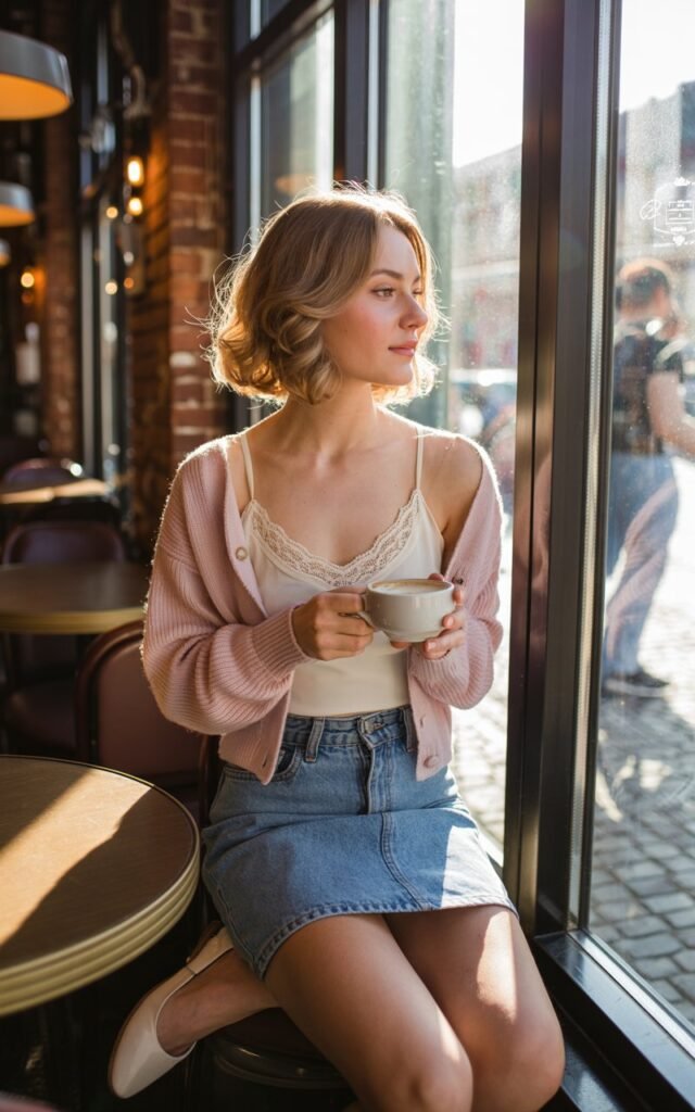 Full-body shot in a cozy café with warm lighting and wood tones. The model has light brown hair in soft curls, wearing a lace-trim cami under a pastel cropped cardigan, paired with denim mini and ballet flats. She’s seated by the window with sunlight streaming in, looking thoughtfully out while holding a coffee cup. Natural makeup and soft glow.