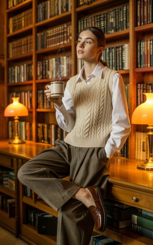 Full-body shot in a cozy library or study. The model wears a beige knit vest over a white collared shirt with tailored trousers and loafers. She holds a coffee cup and looks thoughtfully at a nearby bookshelf. Warm indoor lighting enhances the “academic aesthetic” mood.