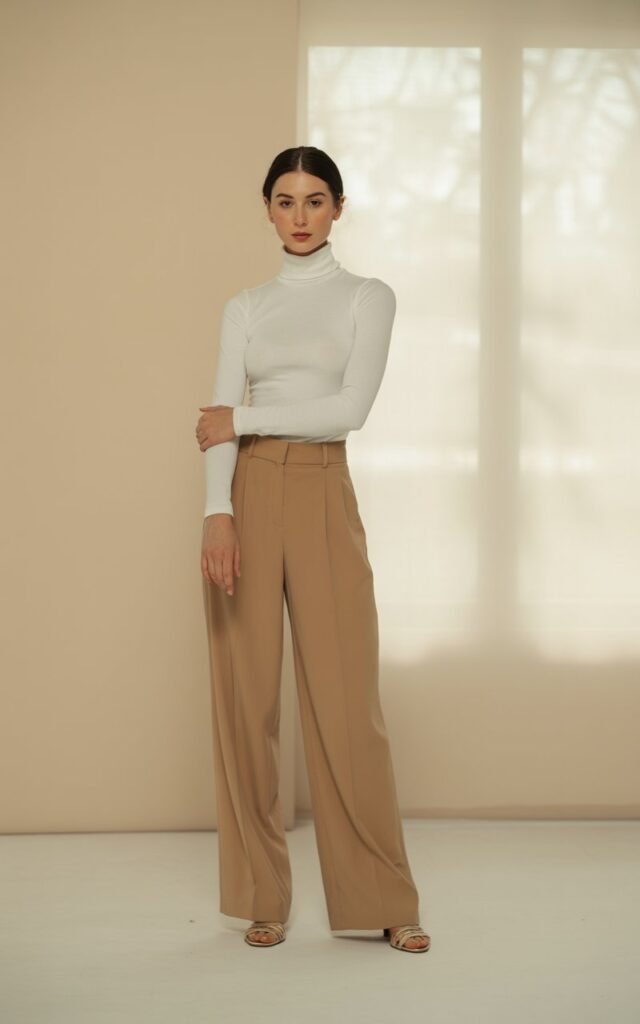 Full-body shot in a minimalist studio with beige walls and soft daylight. The model wears a white turtleneck tucked into wide-leg tan trousers and beige heels. Her hair is sleek in a low bun, makeup neutral and glowy. Pose hands crossed gently, exuding quiet confidence.