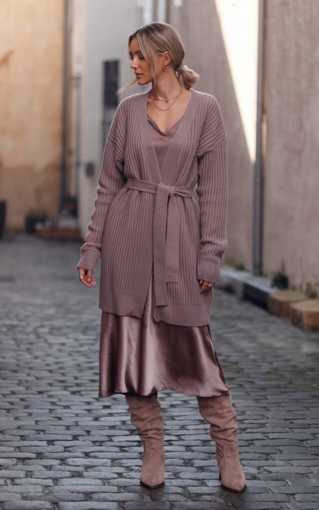 Full-body shot in a quiet cobblestone alley. The model wears a long ribbed cardigan belted at the waist over a silky midi skirt in mauve tones. She completes the look with knee-high suede boots. Her hair is in a relaxed low ponytail, and soft afternoon light adds warmth to the textures.