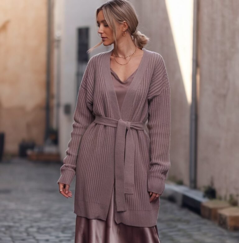Full-body shot in a quiet cobblestone alley. The model wears a long ribbed cardigan belted at the waist over a silky midi skirt in mauve tones. She completes the look with knee-high suede boots. Her hair is in a relaxed low ponytail, and soft afternoon light adds warmth to the textures.