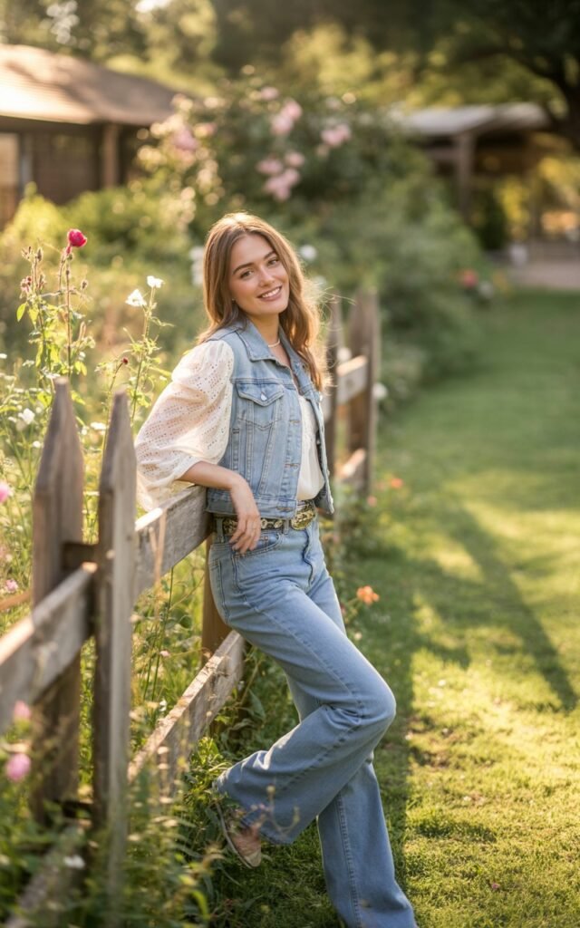 Full-body shot in a sunlit garden setting. The model wears a white lace blouse, light denim vest, straight-leg jeans, and a statement belt. She leans slightly against a wooden fence, smiling softly — romantic Western vibes.