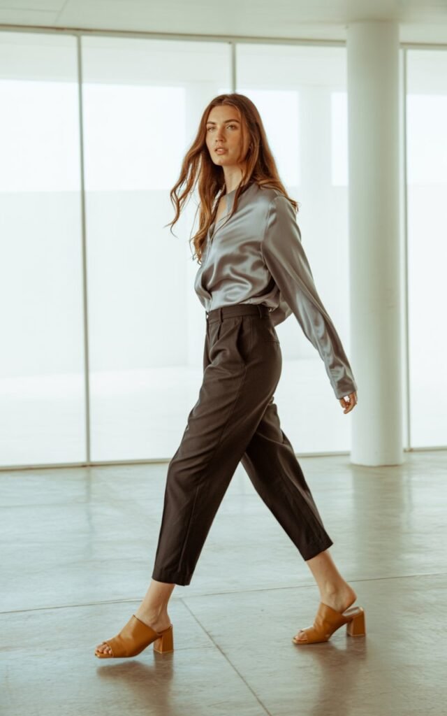 Full-body shot indoors with clean, modern architecture. The model wears black cropped trousers, a soft gray blouse, and tan block-heel mules. Lighting bright diffused daylight. She’s mid-stride, showcasing her shoes naturally. Hair loose and shiny, expression relaxed and poised.