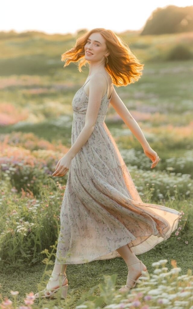 Full-body shot of a model spinning gracefully in a pastel floral maxi dress with light chiffon fabric, paired with nude strappy sandals. Golden hour in a flower field, her wavy hair flowing naturally. Candid twirl, soft smile, dreamy vibe.