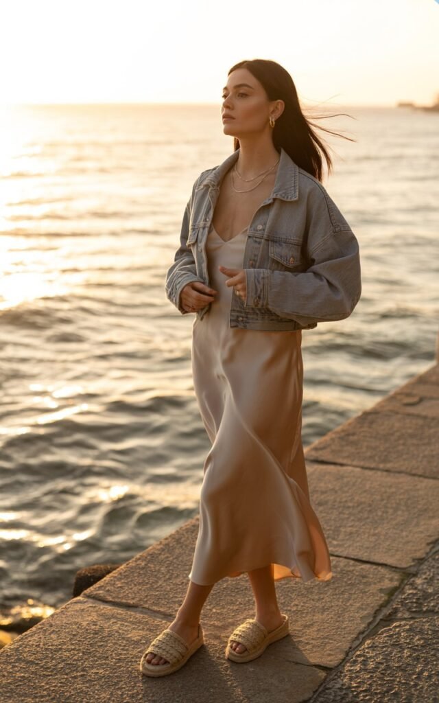 Full-body shot of a model with sleek dark hair, wearing a satin beige slip dress layered with a light denim jacket. She’s standing near the seaside promenade during sunset, soft golden light reflecting off the waves. She wears minimal jewelry and espadrilles, gazing into the distance with a calm, confident pose.