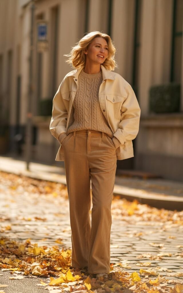 Full-body shot of a white female model in a neutral fall outfit — beige knit sweater, tan corduroy trousers, and cream denim jacket. She stands on a cobblestone street lined with golden leaves. Natural golden-hour light enhances the soft tones. Her wavy blonde hair moves slightly in the breeze, and she looks off-camera with a relaxed, confident smile.