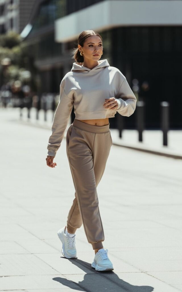 Full-body shot of a white female model with a fit physique and sharp features, wearing a monochrome cropped hoodie and high-waisted joggers in beige. She’s walking confidently down a minimalist city street with sunlight casting soft shadows. Chunky white sneakers, slick ponytail, and subtle gold hoops complete the look. Natural daylight with crisp contrast and urban chic vibes.