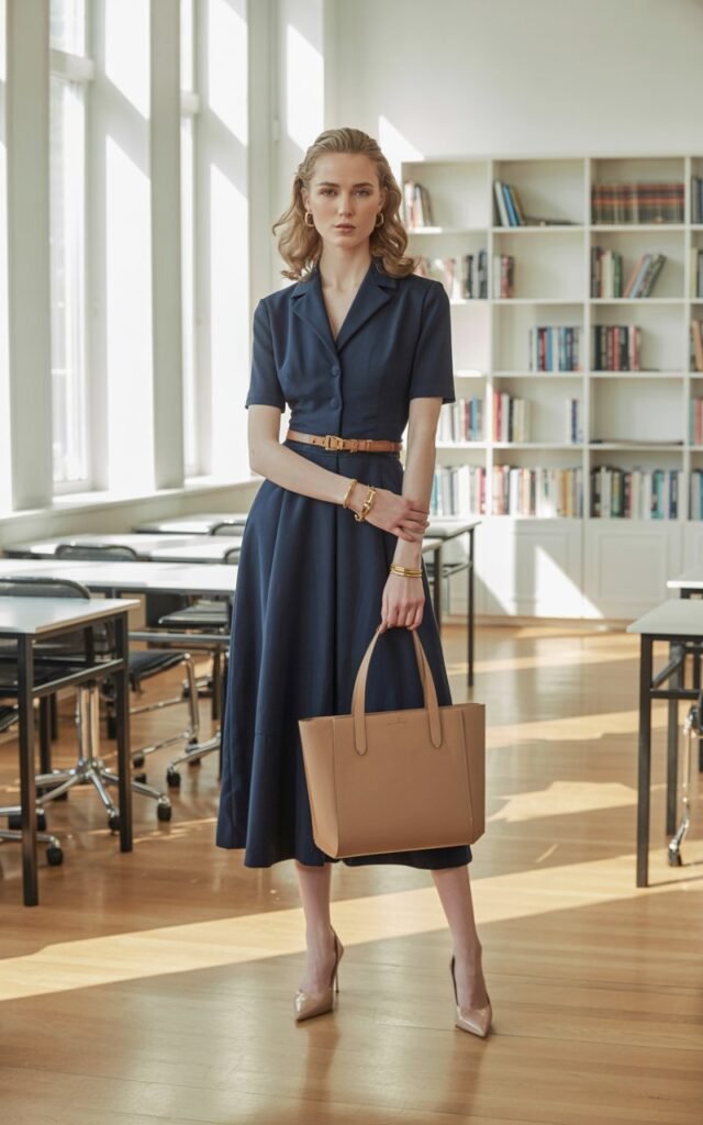 Full-body shot of a white female model with sharp features and soft waves in her hair, wearing a structured navy midi dress with short sleeves and a belted waist. She stands confidently in a bright, modern classroom with bookshelves and sunlight streaming through tall windows. Natural daylight with soft shadows. Nude heels, minimal gold jewelry, and a tote bag complete the look. Expression calm and professional.