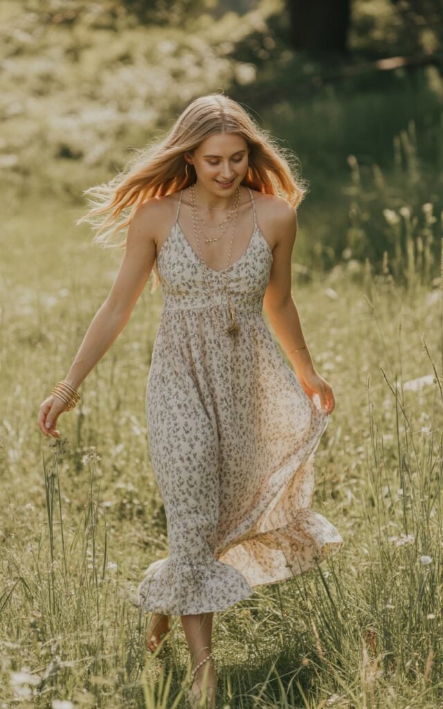 Full-body shot of a white-skinned female model with long wavy blonde hair, wearing a floral flowy maxi dress and layered gold necklaces and bangles. Shot outdoors in a sunlit meadow during golden hour, soft natural light highlighting the dress’s movement. The model walks barefoot through tall grass, smiling softly with wind in her hair — dreamy, natural, carefree energy.