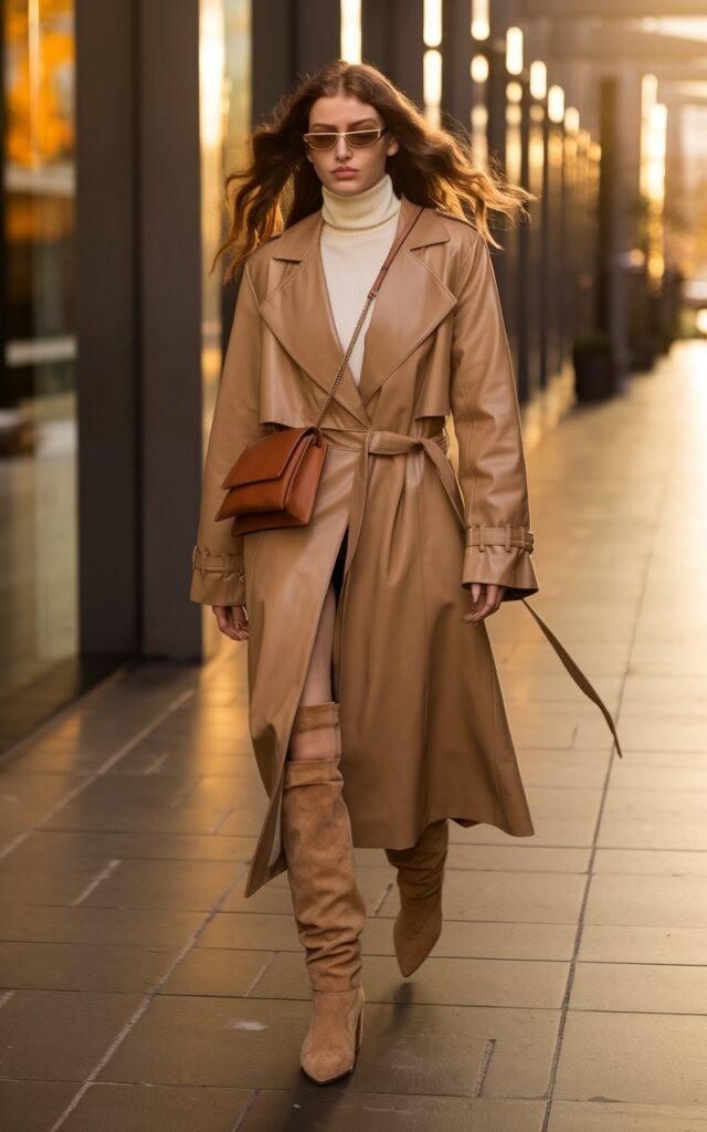 Full-body shot of a white-skinned female model with sharp cheekbones and wavy chestnut hair walking down a sleek urban street in autumn. She wears a camel trench coat, cream turtleneck, and tan knee-high suede boots, paired with gold sunglasses and a leather crossbody bag. Golden hour lighting casts warm tones. She walks confidently, coat fluttering slightly in motion, giving effortless city-chic vibes.