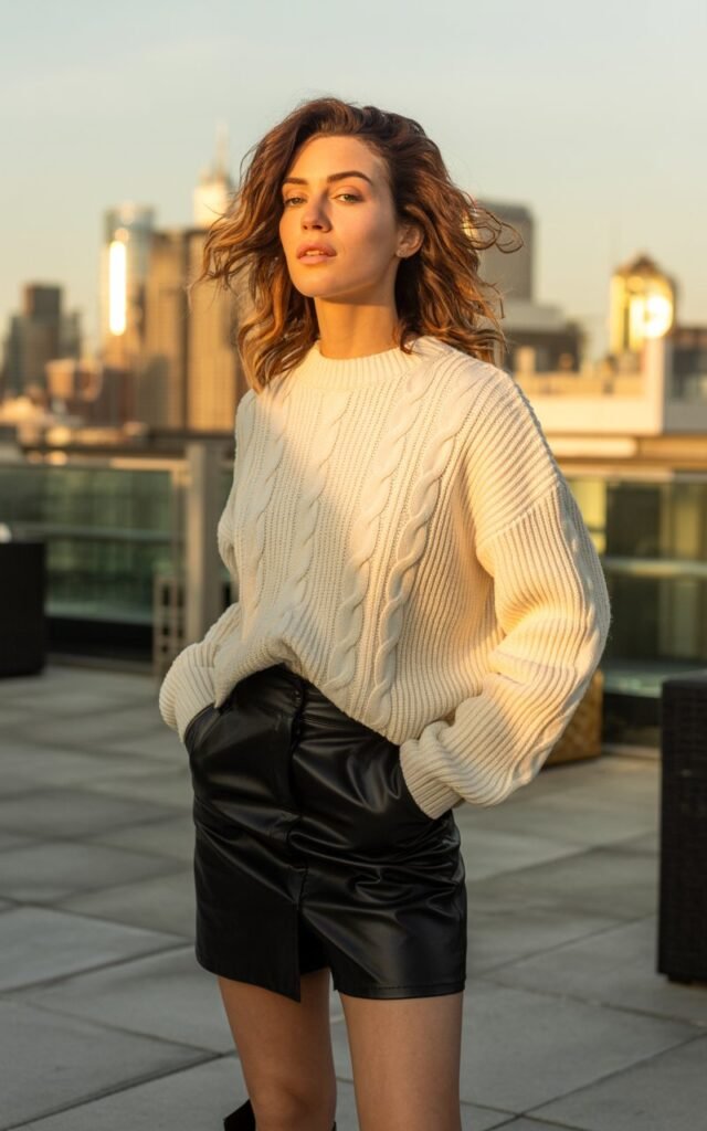 A tall, fit blonde model poses in a downtown alleyway with a modern café backdrop. She wears a champagne satin camisole under a charcoal oversized blazer, straight-leg jeans, and strappy nude heels. Natural daylight with soft shadows. Her expression is poised yet relaxed, one hand adjusting her blazer lapel.