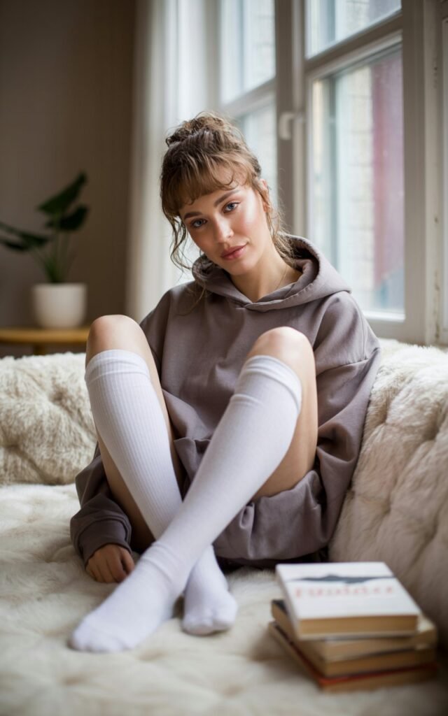 Full-body shot of a white-skinned model sitting cross-legged on a plush sofa in a softly lit studio apartment. She wears a gray oversized hoodie paired with white thigh-high socks. Natural window light highlights her relaxed pose as she tucks her hair behind her ear, with soft makeup and tousled hair. The mood feels cozy and candid, like a Sunday morning snapshot.