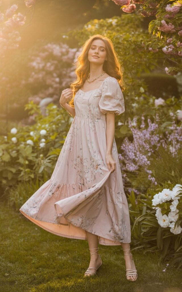 Full-body shot of a white-skinned woman standing in a blooming garden during golden hour. She wears a pastel cotton maxi dress with puff sleeves and soft floral prints, styled with delicate sandals and a dainty gold necklace. Her hair flows loosely in waves, glowing under the warm sunlight. She smiles gently, one hand grazing the hem of her dress as it sways.