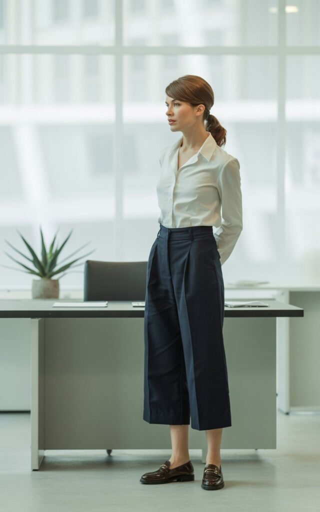 Full-body shot of a white-skinned woman with chestnut hair styled in a low ponytail. She wears a white button-up tucked into navy culottes with loafers. The office background features minimalist modern furniture. Soft daylight through windows enhances her clean, polished aesthetic.