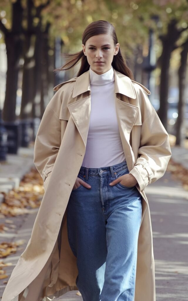 Full-body shot of a white-skinned woman with sharp features and sleek brunette hair, wearing a beige trench coat over blue jeans and a white turtleneck. She’s walking confidently down a Parisian-style street lined with autumn trees and fallen leaves. Natural daylight, soft shadows. The trench billows slightly in motion, her hands in pockets, expression calm and poised.