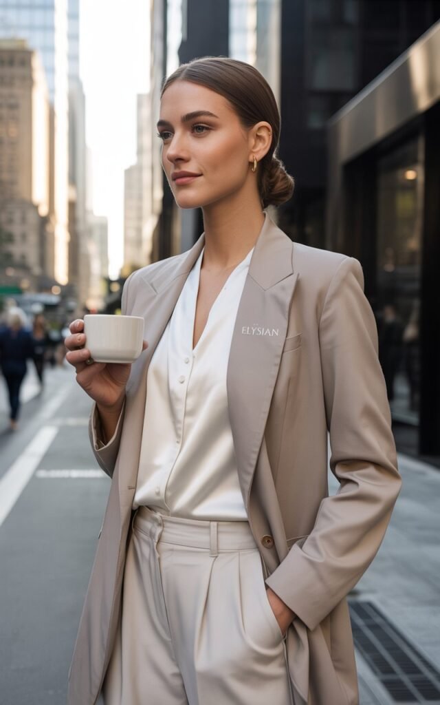 Full-body shot of a white-skinned woman with sleek brunette hair in a low bun, standing confidently on a modern city sidewalk. She wears a beige structured blazer, white silk blouse, and high-waisted cream wide-leg trousers with nude heels. Natural daylight reflects off glass buildings. She holds a coffee cup and smiles slightly, exuding CEO energy. No words should be on the image.