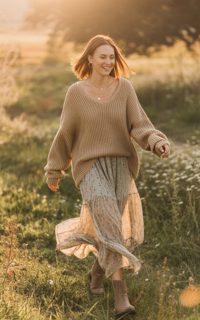 Full-body shot of a woman wearing a chunky beige knit sweater over a floral chiffon maxi dress, brown boots, and layered necklaces. She’s walking through a sunlit field, dress flowing in motion. Golden-hour light adds dreamy warmth. Her smile feels genuine and carefree.